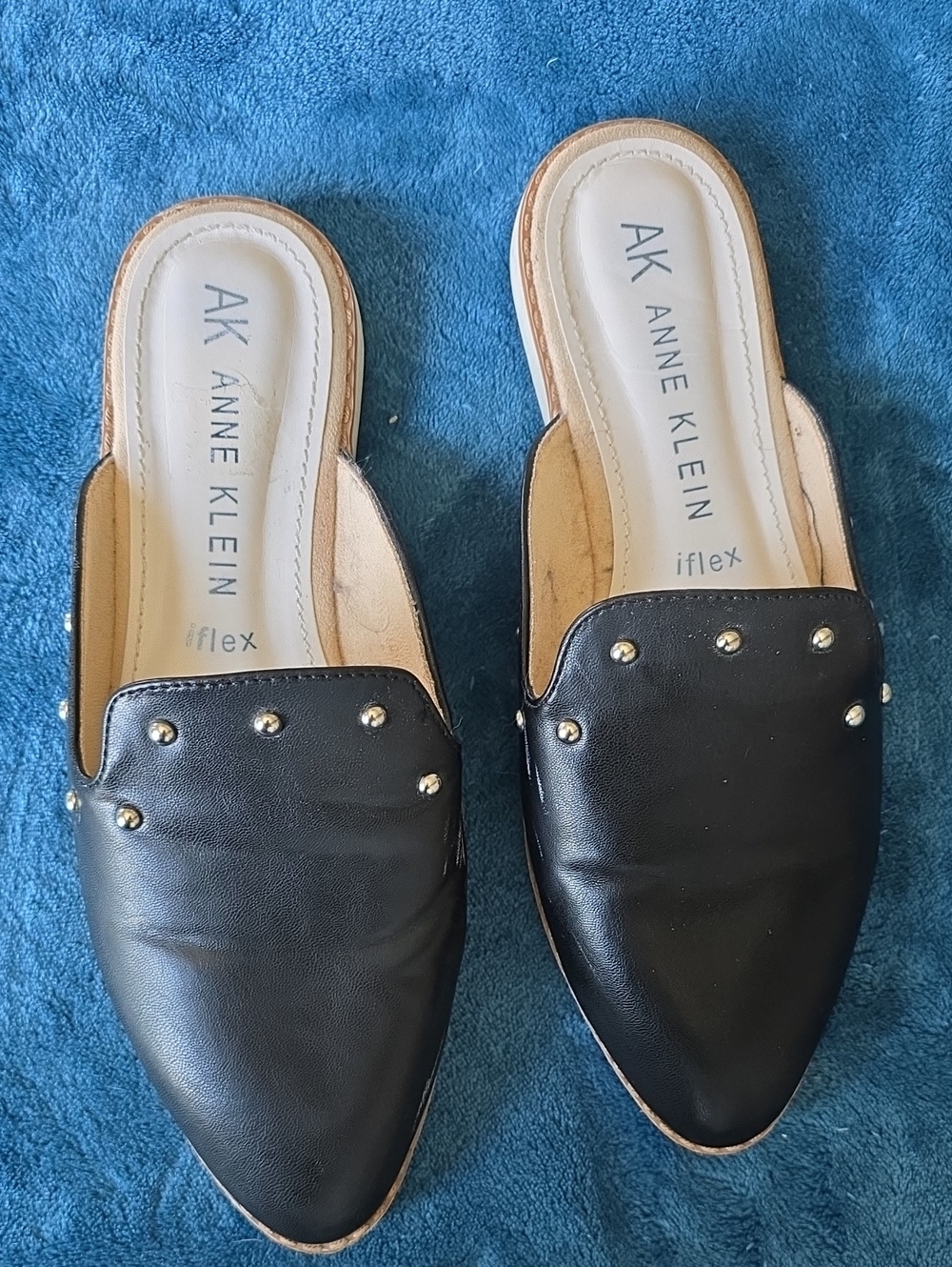 Anne Klein Black Pointed-Toe Slip-On Mules with Silver Studs